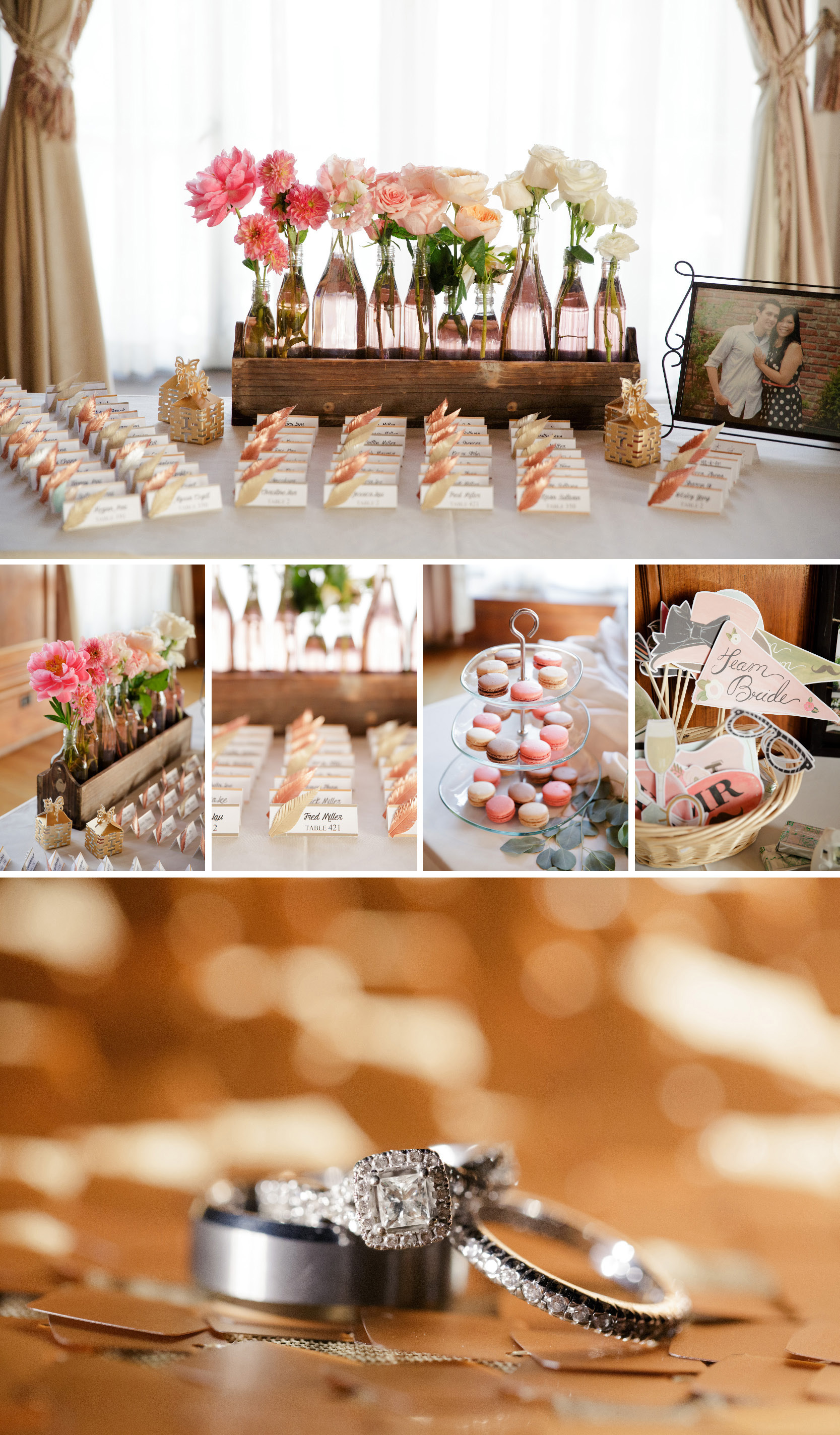 ombre wedding flowers glass bottles feather escort cards gold copper wedding details